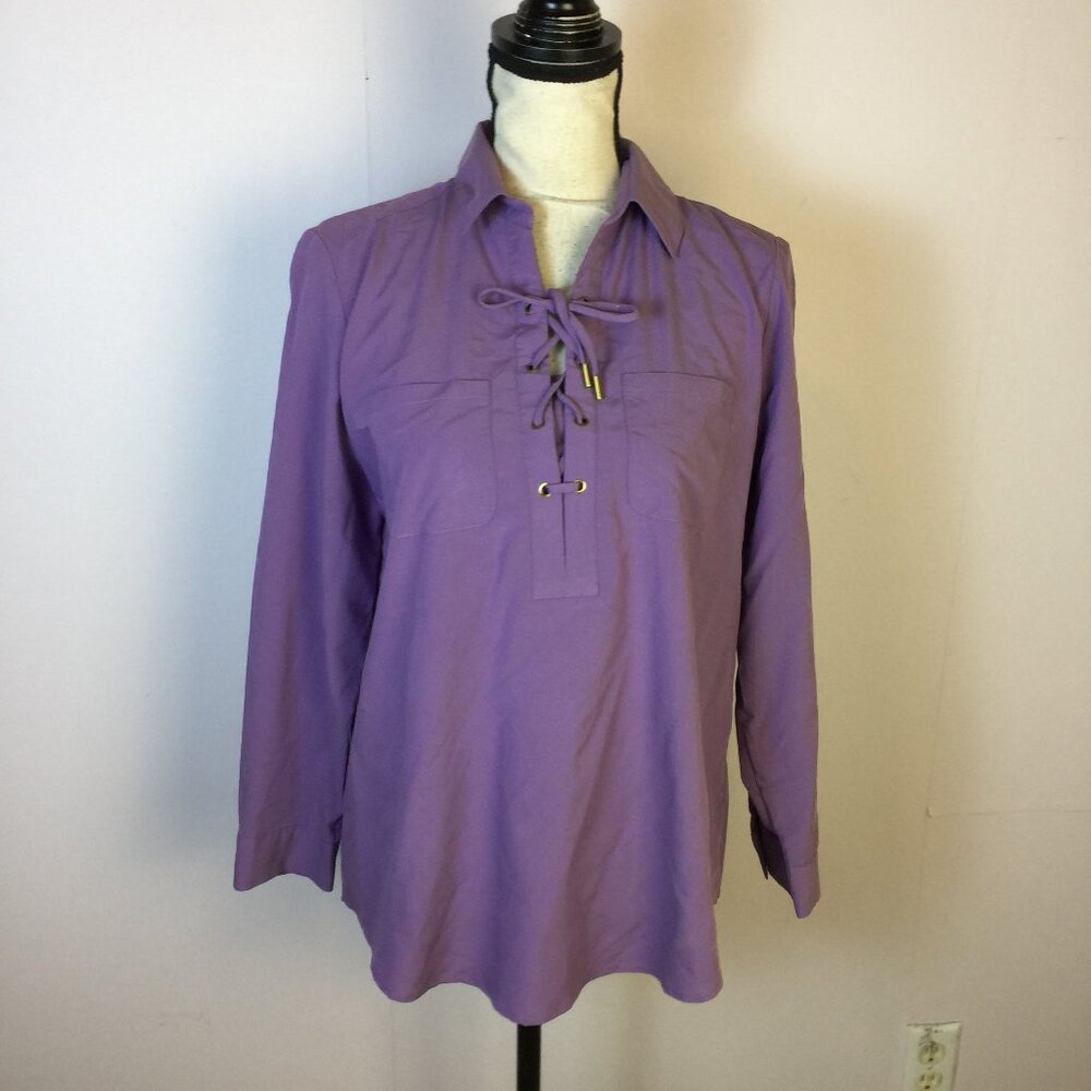 Chico’s Blouse Shirt Top Sz 1P Womans Petite MP Purple Lace Up Neck Long Sleeve